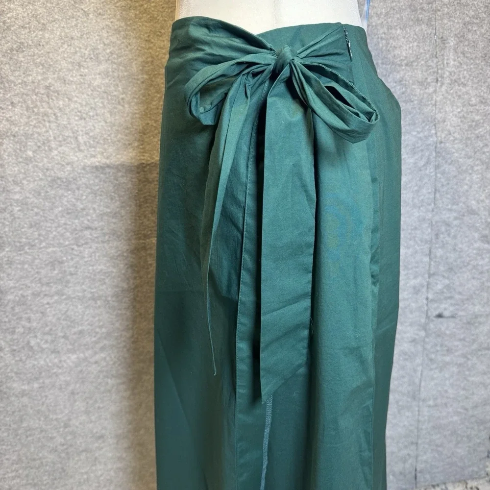 Alfani Forest Green Faux Wrap Midi Skirt  Size 10 Tie Waist Pockets Lined Cotton